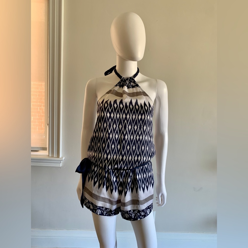 Guess Mediterranean Patterned Blue and White Satin Romper in Navy Blue and White